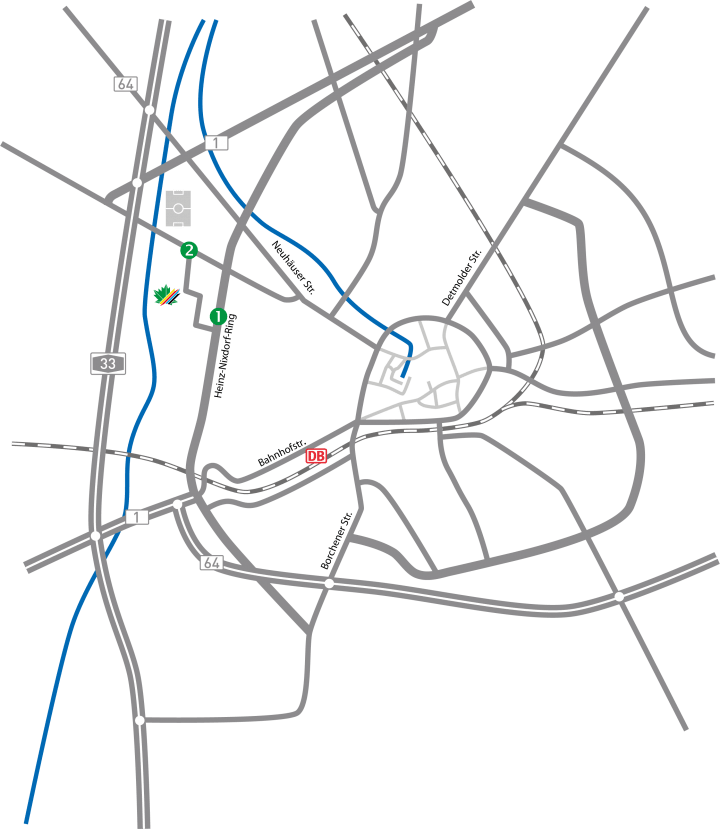 Ein Auschnitt einer Straßenkarte von Paderborn. Die Karte zeigt das Zentrum von Paderborn mit dem Bereich zum Ahorn-Sportpark/Alme. Der Ahorn-Sportpark ist mit dem Ahornblatt gekeinnzeichnet. Richtung Home Deluxe Arena an der Paderborner Str. ist ein grüner Punkt mit einer zwei und am Heinz-Nixdorf-Ring, rechts vom Ahorn-Sportpark zum Paderborner Zentrum, ist ein grüner Punkt mit einer eins abgebildet. Dieses dient der Beschreibung für die Bushaltestellen in der Umgebung des Ahorn-Sportparks.