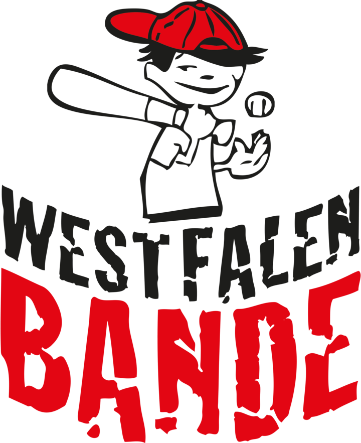 Schriftzug Westfalenbande in schwarz-rot mit Zeichnung eines jungen Baseball Spielers