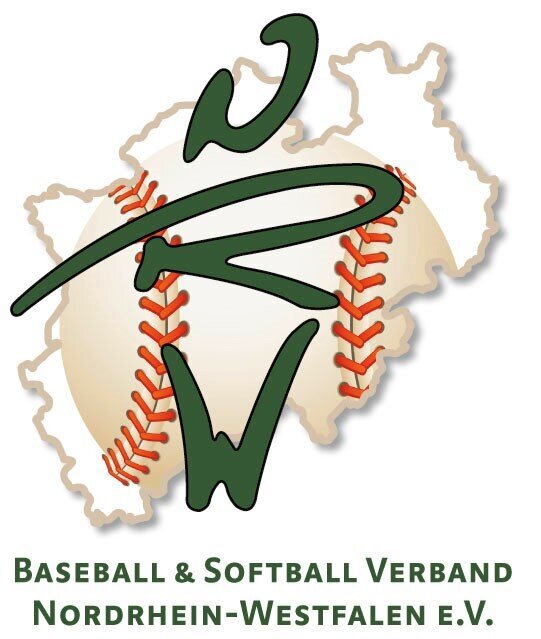 Umriss Land NRW mit einem Baseball und den Buchstaben "NRW",  da drunter der Schriftzug "Baseball & softball Verband Nordrhein-Westfalen e. V.