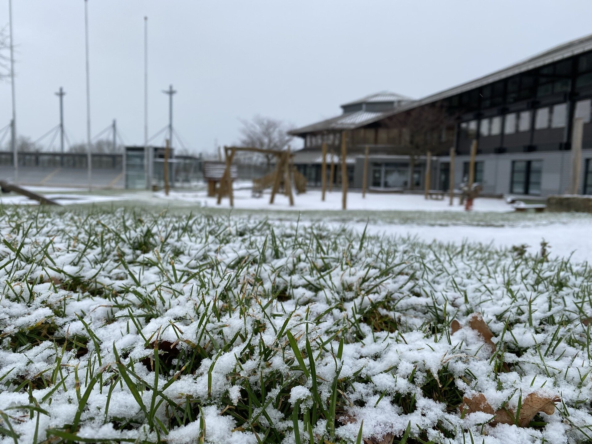 Die Rasenhalme und der Boden des Ahörnchen-Spieplatzes sind mit einer leichten Schicht von Schneeflocken bedeckt. Verschwommen sind die Spielmodule des Ahönrchen-Spielplatzes, die Ahorn-Sportpark-Halle und die Tribüne des Leichtathletikstadions im Hintergrund abgebildet.