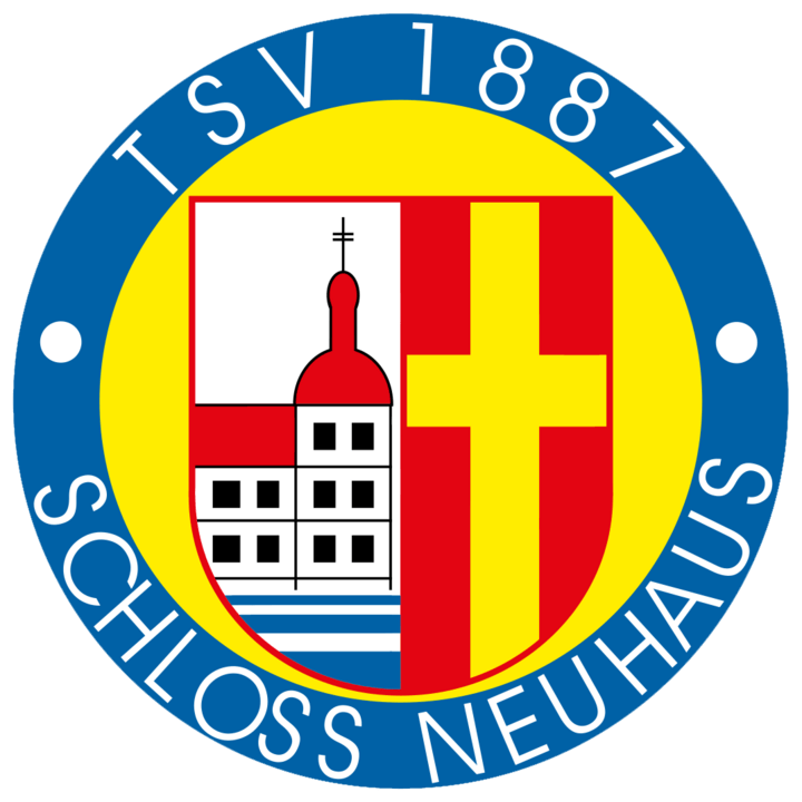 Vereinslogo des TSV 1887 Schloss Neuhaus: Rundes Emblem mit blauem Außenring, in dem der Vereinsname steht. Im gelben Innenbereich befinden sich links eine stilisierte Schlossansicht und rechts ein großes rotes Kreuz mit gelbem Hintergrund.