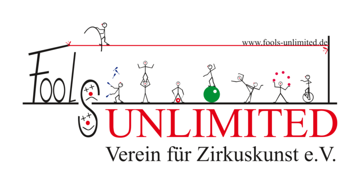 Der Schriftzug „Fools Unlimited“ ist gestaltet, wobei „Unlimited“ in großen roten Buchstaben hervorgehoben ist. Um den Schriftzug herum sind Strichmännchen zu sehen, die verschiedene Zirkuskünste darstellen: Ein Jongleur mit mehreren Bällen, eine Person auf einem Einrad, eine Figur, die auf einem Gymnastikball balanciert, sowie weitere Figuren, die jonglieren, Pyramiden bilden oder Kunststücke aufführen. Oben rechts steht klein die Website:www.fools-unlimited.de