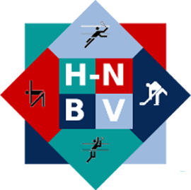 Logo des HNBV – ein rautenförmiges Emblem mit vier farbigen Segmenten in Rot, Dunkelblau, Türkis und Hellblau. In der Mitte befinden sich die weißen Buchstaben H, N, B und V auf roten und blauen Flächen. In den äußeren Segmenten sind schwarze Piktogramme von Sportarten dargestellt: Volleyball, Turnen, Hockey und Badminton.