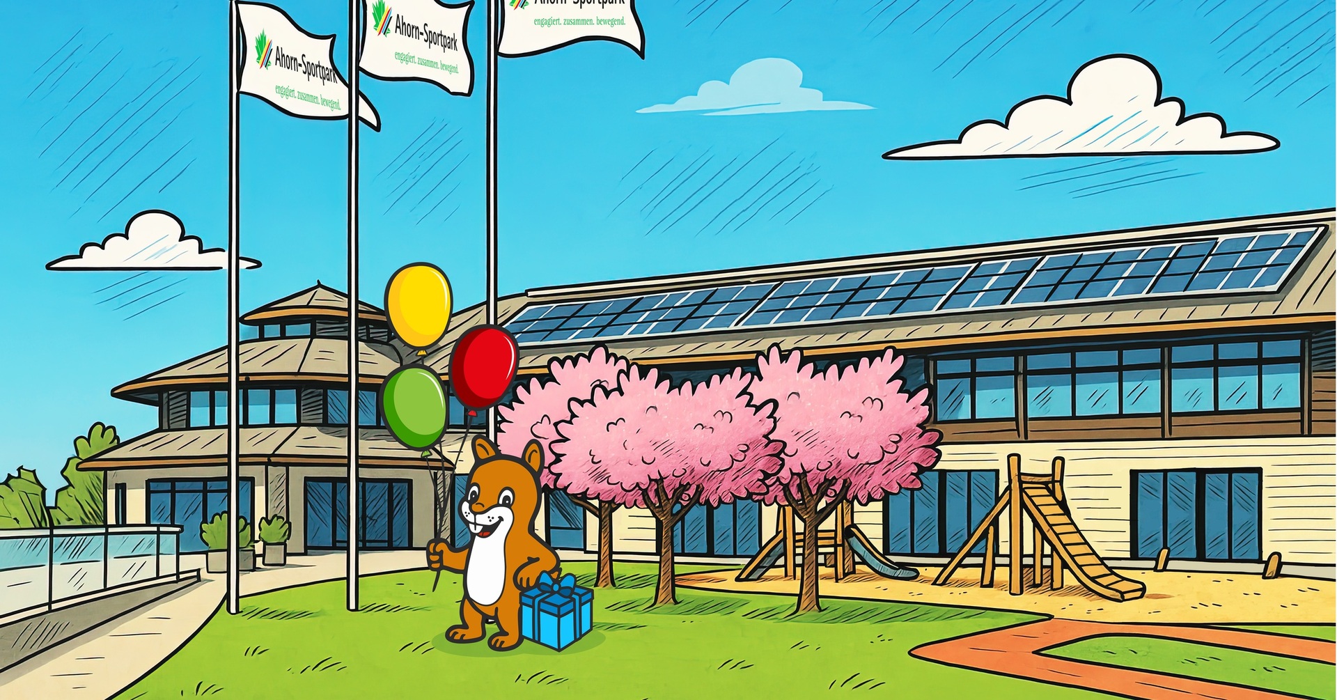 Illustration des Ahorn-Sportparks: Im Vordergrund steht das Ahörnchen, ein braunes Streifenhörnchen mit weißem Bauch, der bunte Luftballons in der Hand hält und ein blaues Geschenk trägt. Dahinter sind drei wehende Fahnen mit dem Logo „Ahorn-Sportpark“ zu sehen. Vor dem modernen Gebäude mit Solardach blühen rosa Bäume, daneben steht ein Spielplatz mit Rutsche. Der Himmel ist blau mit einzelnen Wolken.