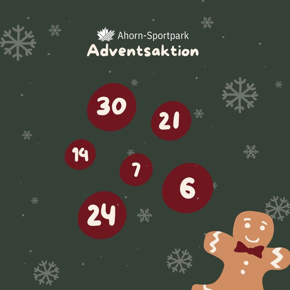 Auf einem dunkelgrünen Hintergrund befinden sich sechs rote Kugeln mit den Nummer 30, 21, 14, 7, 6 und 24. Zusätzlich sieht man in der unteren Ecken einen Lebkuchenmann mit roter Schleife.