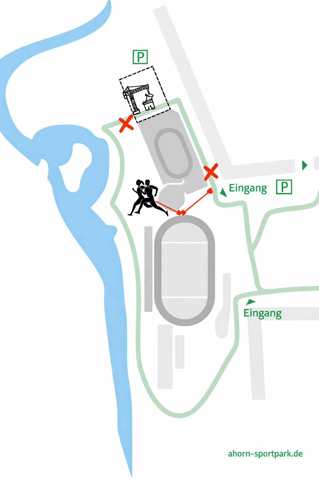 Übersichtskarte des Ahorn-Sportparks aus der Vogelperspektive. Der Trimmpfad ist aufgrund einer Baustelle im hinteren nördlichen Parkbereich umgeleitet. Gesperrte Wege sind mit roten Kreuzen markiert, die neue Umleitungsstrecke ist durch eine rote Linie dargestellt. Der alternative Verlauf führt vom zentralen Weg an den Sportanlagen vorbei und umgeht den Baustellenbereich. Eingänge, Parkplätze und Stationen des Trimmpfades sind schematisch eingezeichnet.